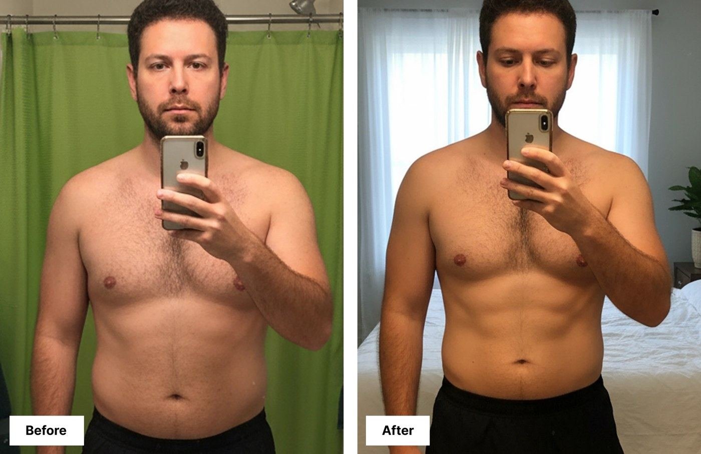Progress comparison photos paired with Hume Pod body composition data